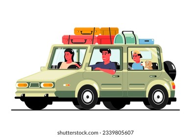 Fröhliche Familie, die Personenkraftwagen auf isoliertem Hintergrund fährt, Ruheurlaub Konzept, Digital Marketing Illustration.