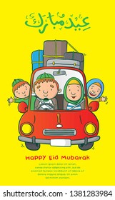 happy family driving in red car on eid mubarak or idul fitri holiday, back home town cartoon illustration, arabic calligraphy is mean happy islamic big day