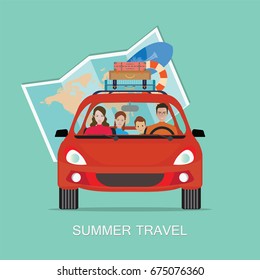 Happy family driving in red car on weekend holiday, Planning summer vacations, Travel by car, Summer holiday,Tourism and vacation theme. Flat design vector illustration.