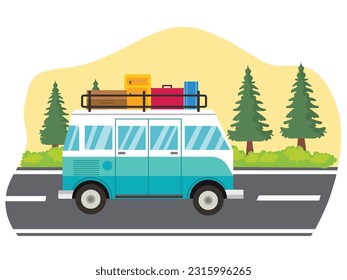 Happy family driving van of summer holidays.Road trip with suitcases on top of the car.Flat illustration
