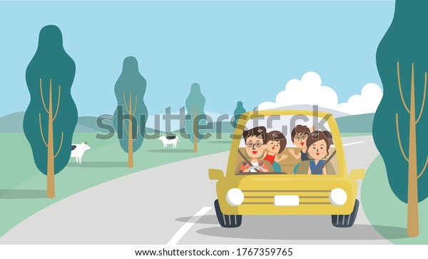 Happy family driving.Summer landscape.Vector\
flat style illustration