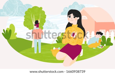 Happy family during Easter egg hunt. Mother, father, teenager son and little daughter looking for the colored eggs.
