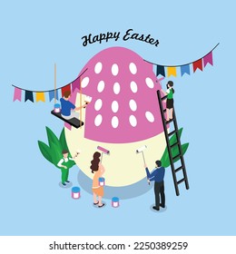 Happy family dyeing a big egg with a paint roller 3d isometric vector illustration concept for banner, website, landing page, ads, flyer template