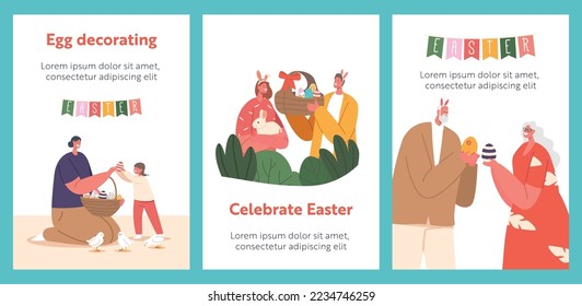 Happy Family Easter Celebration Cartoon Banners. Parent and Child, Young and Senior Couples with Colorful Eggs, Cute Rabbit and Basket with Painted Eggs during Spring Holiday. Vector Posters