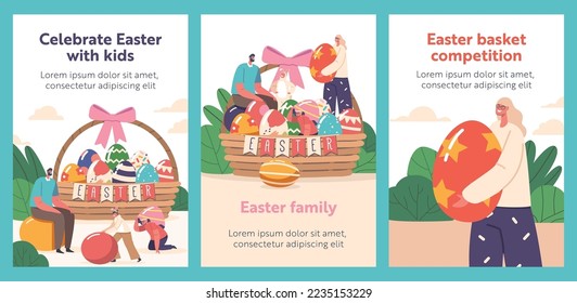 Happy Family Easter Celebration Cartoon Banners. Parents and Children Girls and Boys Wear Rabbit Ears Play and Hunt Eggs near Huge Basket with Painted Eggs during Spring Holiday. Vector Illustration