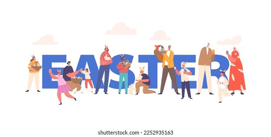 Happy Family Easter Celebration. Parent and Children, People with Colorful Eggs, Cute Rabbit and Basket with Painted Eggs during Spring Holiday Poster, Banner or Flyer. Cartoon Vector Illustration