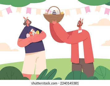 Happy Family Easter Holiday Celebration. Young Couple Holding Basket with Painted Eggs at Green Field Decorated with Flag Garlands on Spring Time Landscape. Cartoon People Vector Illustration