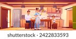 Happy family eating breakfast together at home. Vector cartoon illustration of kitchen interior with furniture and fridge, woman serving meal to son and husband sitting on chairs, healthy nutrition