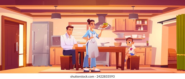 Feliz desayuno familiar en casa. Dibujo vectorial de interiores de cocina con muebles y nevera, mujer que sirve comida a su hijo y marido sentados en sillas, nutrición saludable