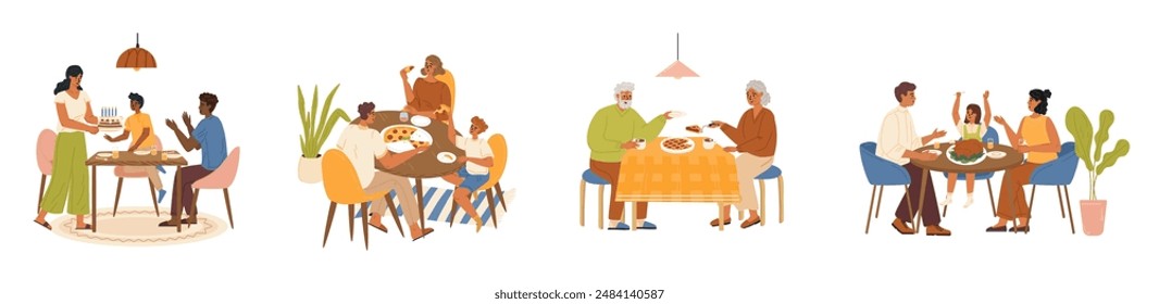 Happy family eating dinner, celebrating holidays together scene set