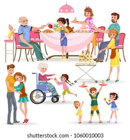 happy family eating dinner at home, people eat food together, mom and dad treat grandfather sitting by dining table, girl takes care of old grandmother, children hold cakes vector illustration