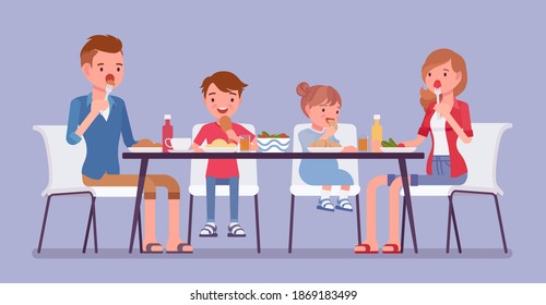 Happy family eating dinner at home table. Parents and kids gathering for food after work and study, sitting together to enjoy healthy tasty home-cooked meals. Vector flat style cartoon illustration