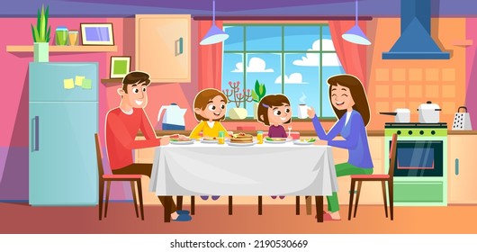 Happy family eating at home at the kitchen table. Family meal on a holiday. Mother, father, daughter and son enjoying a freshly cooked meal. Kitchen interior. Cartoon style vector illustration.