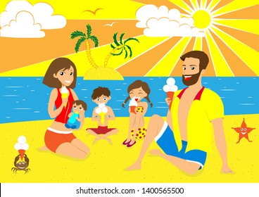 Happy family eating ice cream on summer beach