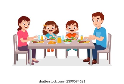 happy family eating meat steak together