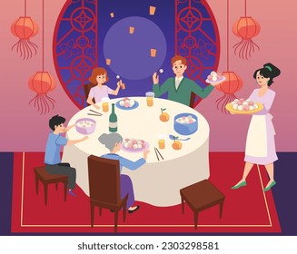 Happy family eating rice balls together, lantern festival celebration - flat vector illustration. Traditional Chinese holiday celebration. Hanging paper lanterns in room.