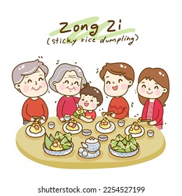 
Happy family eating sticky rice dumpling.
