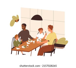 Happy family eating at table together, relaxing. Two fathers parents and adopted kids sons. Biracial homosexual men dads with boys children. Flat vector illustration isolated on white background