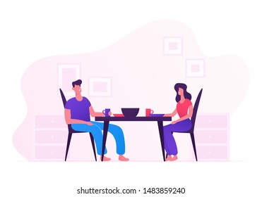 Happy Family Eating Together At Home. Young Loving Couple Man And Woman Sitting At Table On Kitchen Having Tasty Meal. Love And Human Relations, Romantic Dinner. Cartoon Flat Vector Illustration