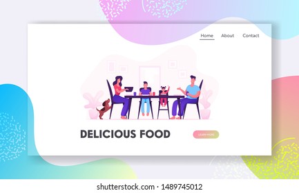 Happy Family Eating Website Landing Page. Mother Father Little Kids and Dog Having Meal Around Table with Food. Cheerful Characters During Dinner Web Page Banner. Cartoon Flat Vector Illustration