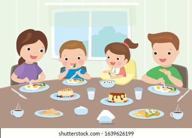 Happy family eats at the table. Cartoon Parents with children have breakfast. Healthy food concept. Flat vector illustration