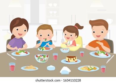 Happy family eats at the table. Kitchen interior on background. Cartoon Parents with children have breakfast. Healthy food concept. Flat vector illustration