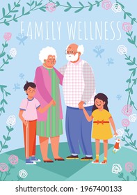 Happy family of elderly couple grandparent and grandchildren boy and girl embracing together. Vector colorful illustration, hug day poster design.