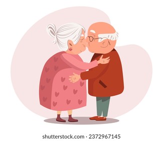 Happy family, elderly couple in love, old man and old lady kissing. Illustration, vector