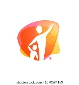 Happy family emblem on a watercolor splash background. Negative space style logo. Vector elements for child care branding design, insurance labels, family protection posters, social identity etc.