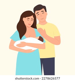 Happy family embracing their newborn with care and love.Parents with child.
Happy family and childhood concept. Vector illustration