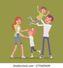 Happy family enjoy life. Father, mother, son, and daughter. Positive friendly smiling people in love, agreement, harmonious relations. Vector flat style cartoon illustration