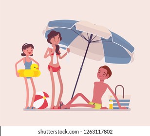 Happy family enjoy rest at beach. Parents and daughter, father lie in the sun on sand shore under striped umbrella, relax sun bathing, tourists in warm country. Vector flat style cartoon illustration