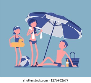 Happy family enjoy rest at beach. Parents, daughter, father lie in the sun on sand shore under striped umbrella, relax sun bathing, tourists in warm country. Vector illustration, faceless characters