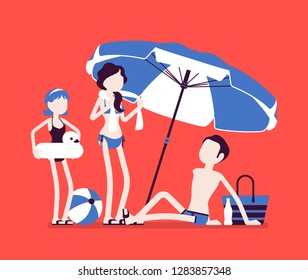 Happy family enjoy rest at beach. Parents, daughter, father lie in the sun on sand shore under striped umbrella, relax sun bathing, tourists in warm country. Vector illustration, faceless characters