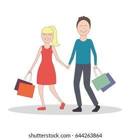 Happy family enjoy shopping.Happy couple.Flat desing, cartoon style isolated on white background.Vector illustration