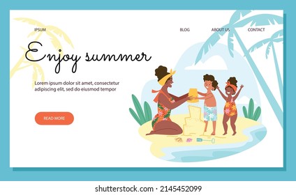 Happy family enjoy summer website banner template flat style, vector illustration, blue background. Mother with son and daughter builds sand castle on the shore, place for text