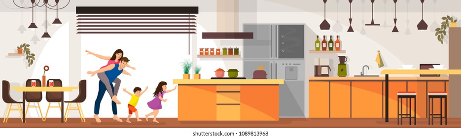 Happy Family Enjoy there Housebold on Kitchen. Modern Living Room Inside Interior. Vector Characters of Parents and Children Play Concept.