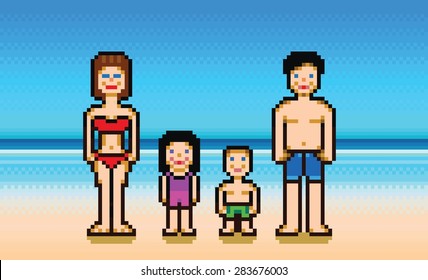 Happy family enjoying beach vacation pixel art style vector illustration