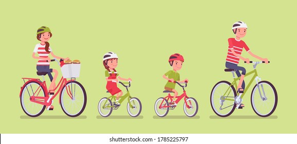 Happy family enjoying bike ride. Father, mother, son and daughter together in a sport activity riding bicycles. Positive friendly outdoor recreation or fun. Vector flat style cartoon illustration