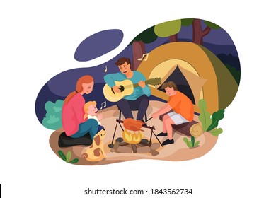 Happy family enjoying camping in the forest Vector Illustration concept. Flat illustration isolated on white background.