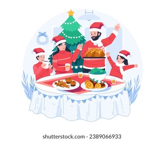 Happy Family Enjoying Christmas Dinner Together at Home. Parents and Children in Santa Hats Sitting Around the Table With Christmas Food