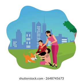 Happy family enjoying free time together. Father, mother and daughter playing with pet dog outdoors.