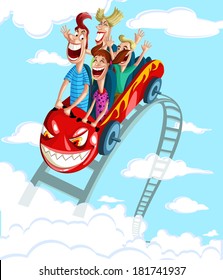 Happy family enjoying fun ride in rollercoaster