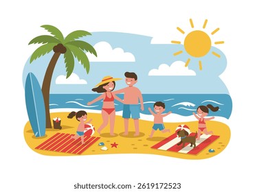 A happy family enjoying a fun-filled summer holiday vacation at the beach with surfboards and playful dogs. Flat illustration style with bright and joyful elements