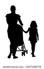 Happy family enjoying holding hands vector silhouette illustration isolated. Mothers day. Mom and baby in pram with daughter walking. Love and tenderness relaxation in public. Teen girl and parent.