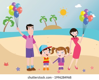 Happy family enjoying holiday at the beach while holding colorful balloons