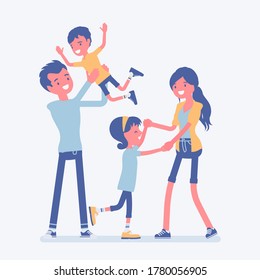 Happy family enjoying life. Father, mother, son and daughter. Positive friendly smiling people in love, agreement, accord, harmonious relations. Vector flat style cartoon illustration