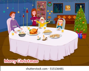 Happy family enjoying meal at dinner table celebrating Merry Christmas holiday in vector