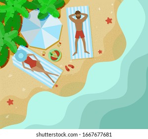 Happy family enjoying on beach during vacations, vector illustration top wiew.