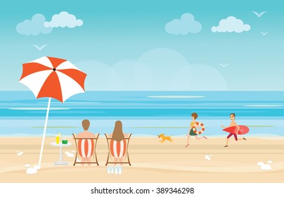 Happy Family Enjoying On Beach During Vacations, Vector Illustration.